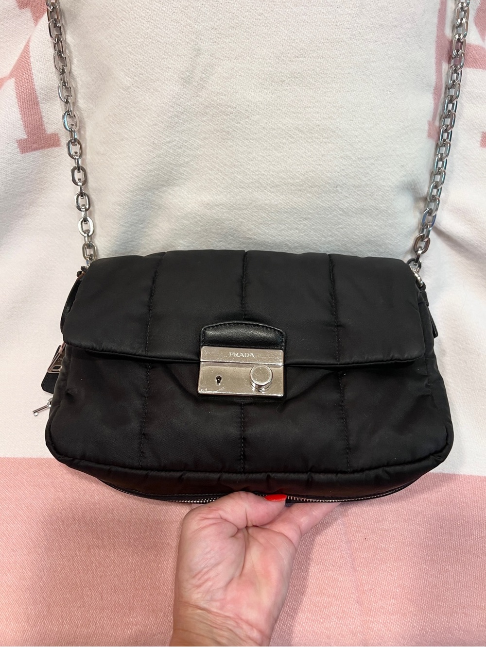 PRADA!⭐️Black Quilted Tessuto/leather Bomber Bag! Crossbody Bag with Silver! - Picture 7 of 16